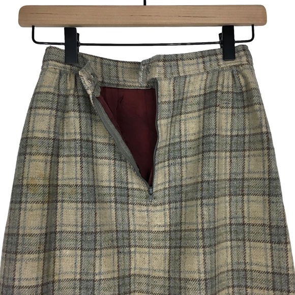 VINTAGE Midi Skirt Wool Plaid Lady Thomson Neutral Minimalist Tartan Size 10 - Picture 5 of 16